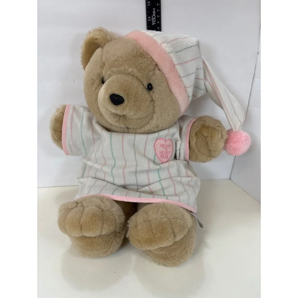VTG 1986 Chosun Heart to Heart Bear Plush 18in Striped Nightgown PJs Hat TESTED
